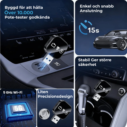 ✨ SmartRideLink™ – Fungerar med både iPhone och Android – bara plugga in. 3-i-1 trådlös adapter