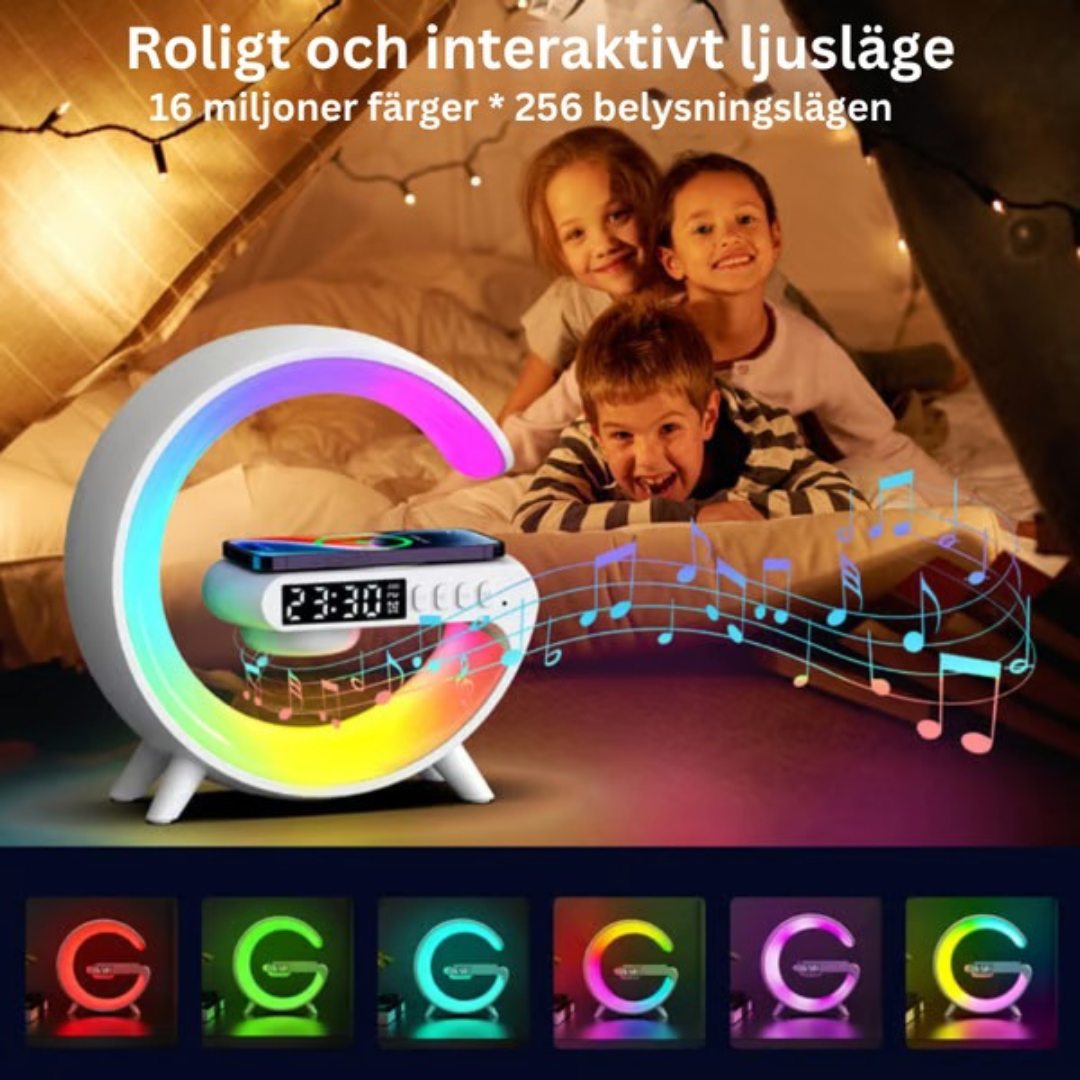 🎶 RhythmGlow™ -  Soluppgångsvakningslampa, Bluetooth-högtalare, trådlös laddare, stämningsbelysning!