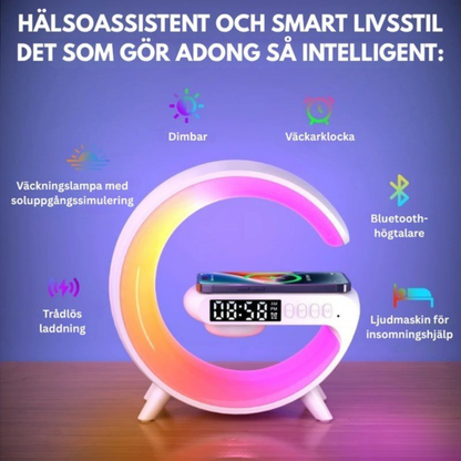 🎶 RhythmGlow™ -  Soluppgångsvakningslampa, Bluetooth-högtalare, trådlös laddare, stämningsbelysning!