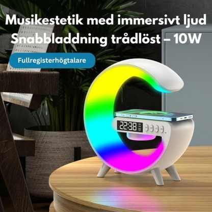 🎶 RhythmGlow™ -  Soluppgångsvakningslampa, Bluetooth-högtalare, trådlös laddare, stämningsbelysning!