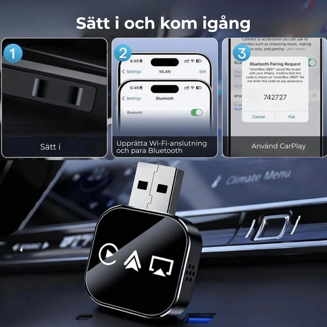 ✨ SmartRideLink™ – Fungerar med både iPhone och Android – bara plugga in. 3-i-1 trådlös adapter